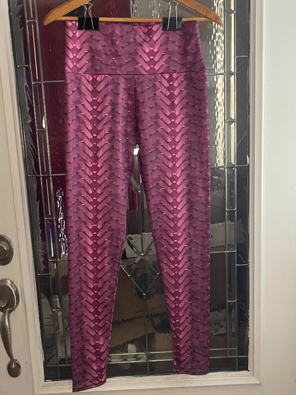 Women Yoga Leggings High Waisted Purple Stretch Workout Sexy Herringbone Sz M
